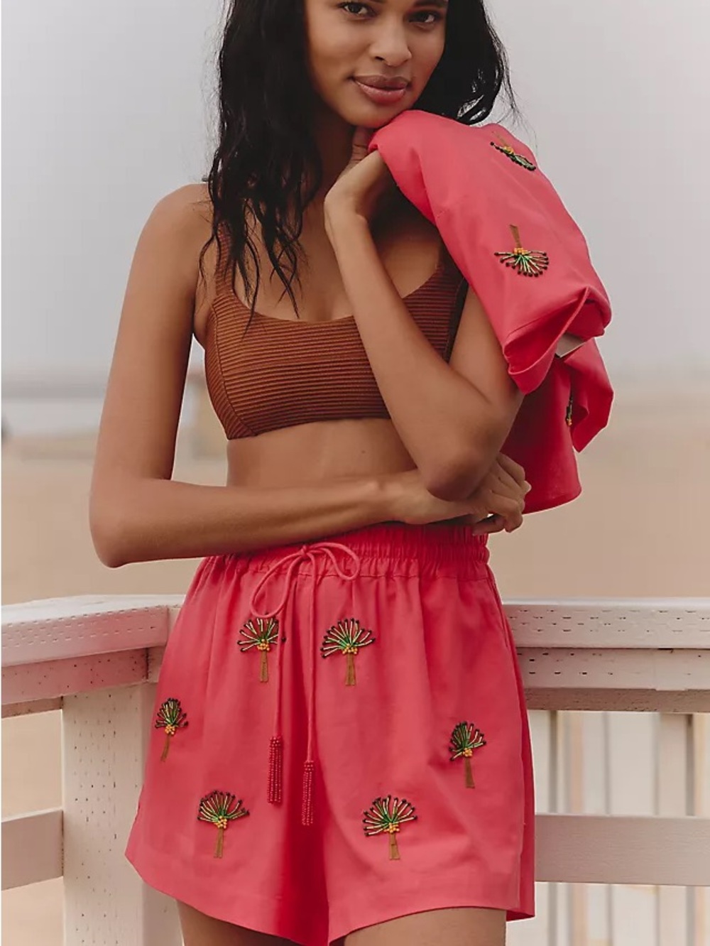 FARM Rio Coral Palm Embroidered Drawstring Shorts